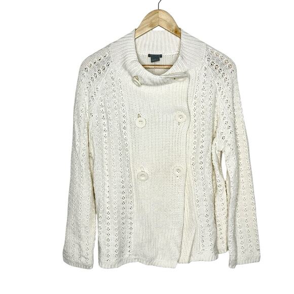 Ann Taylor Double Breasted Cardigan Ivory Womens Size L Pointelle Sweater Jacket - Picture 1 of 7